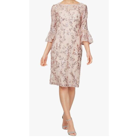 Alex Evenings Rose Gold Pink Floral Embroidered Sequin Sheath Midi Dress Sz 12 - Picture 1 of 12